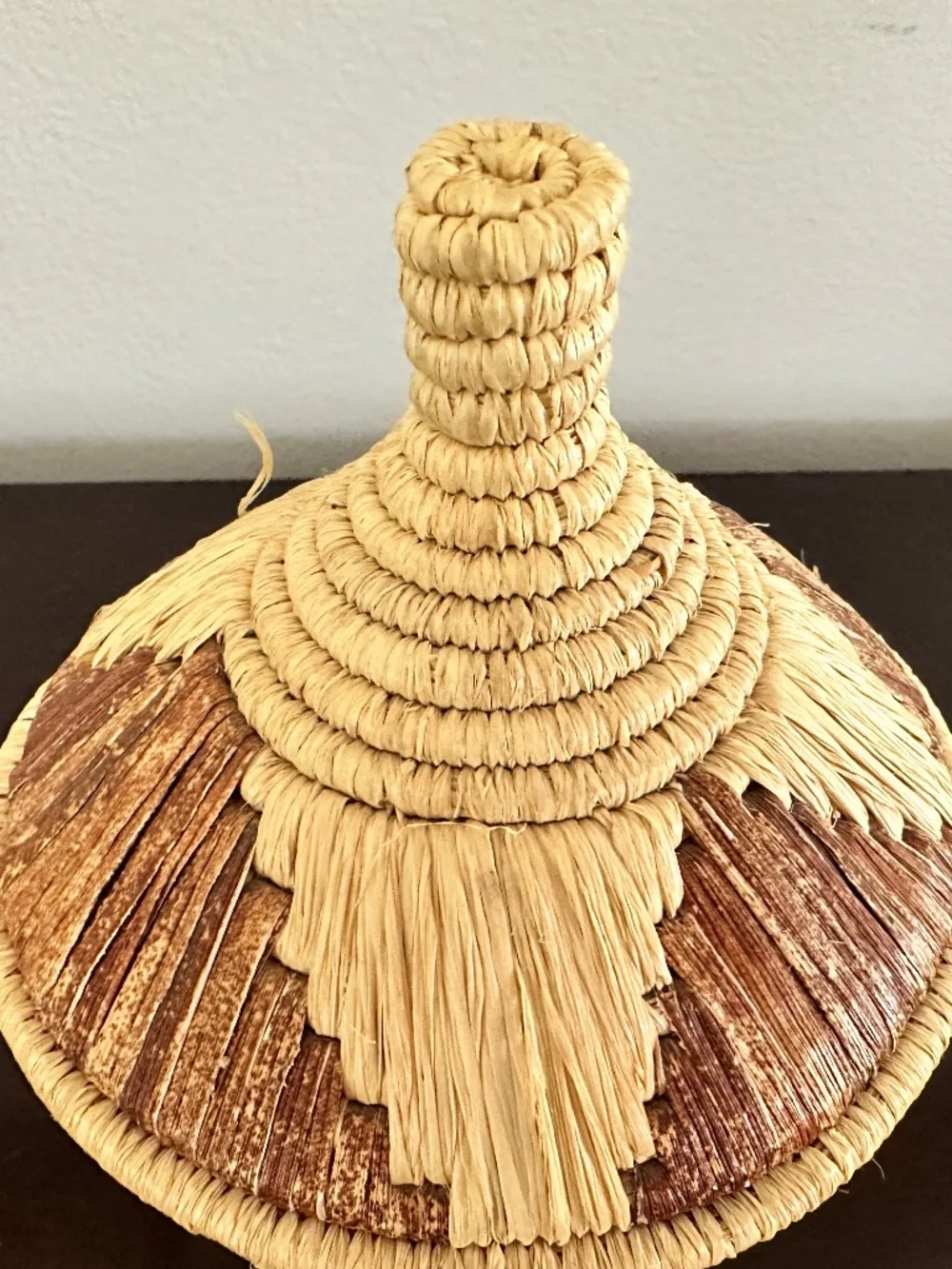 Vintage Coiled Lidded Handwoven Raffia Basket African Tribal 6” Decorative